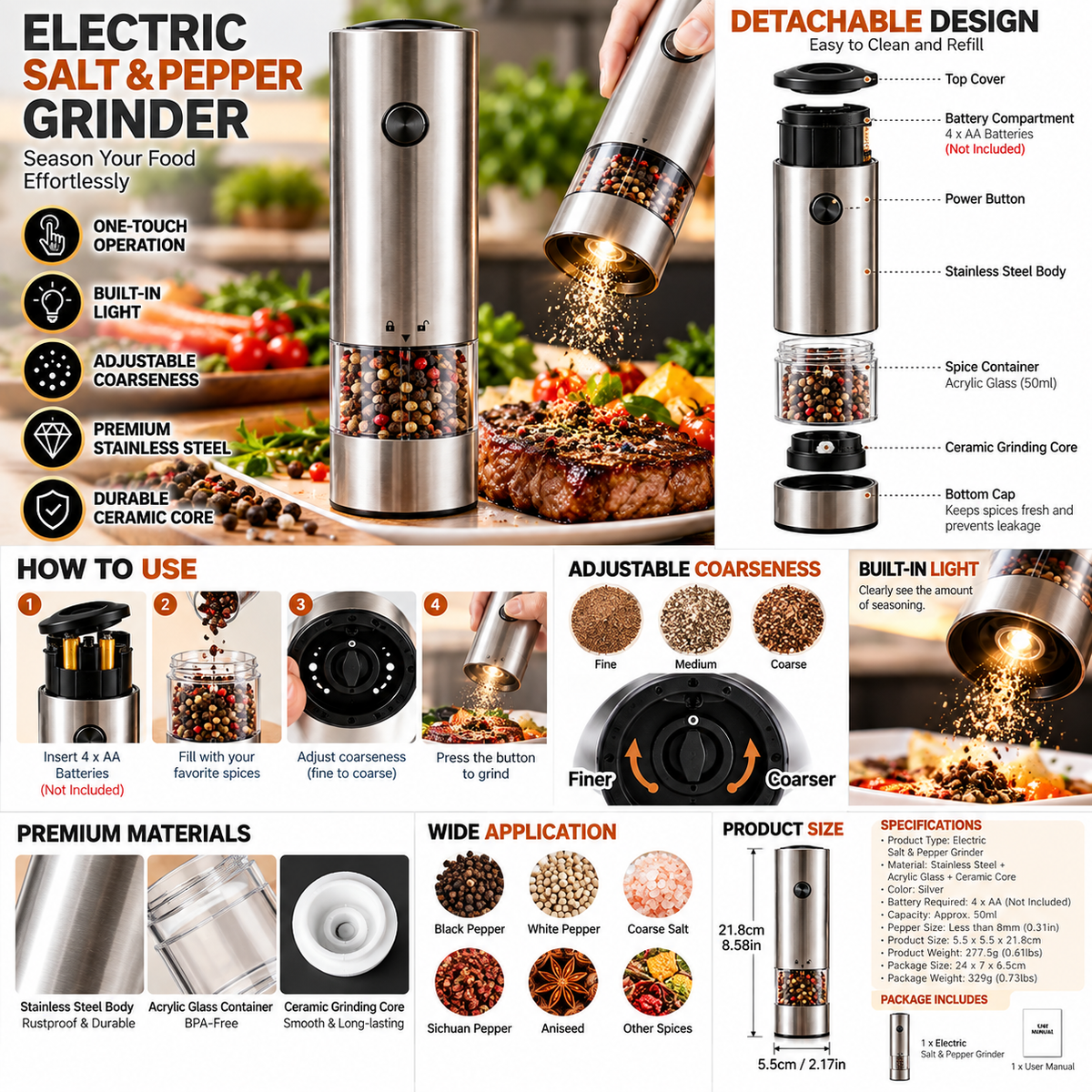 Electric Salt & Pepper Grinder - Adjustable Coarseness