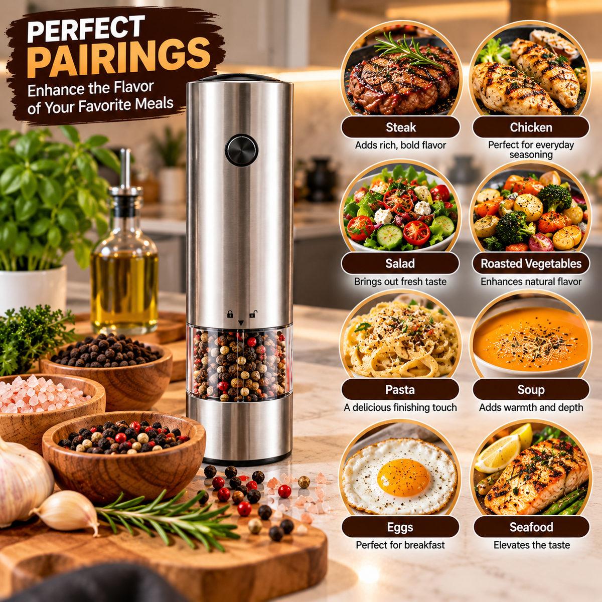 Electric Salt & Pepper Grinder - Adjustable Coarseness