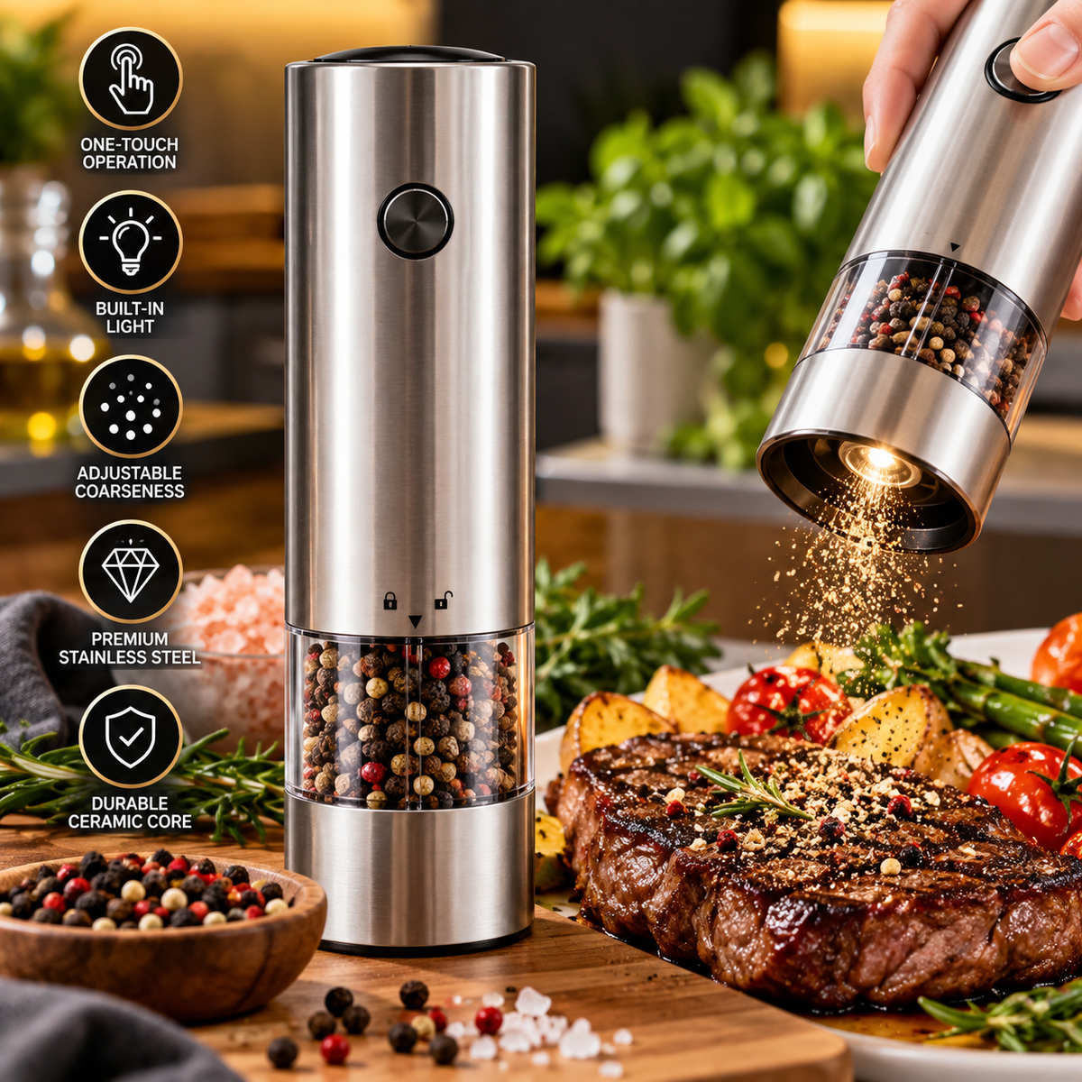 Electric Salt & Pepper Grinder - Adjustable Coarseness